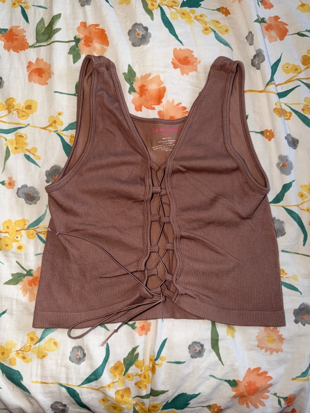 Ribbed Lace-Up Crop Tank Top - Brown